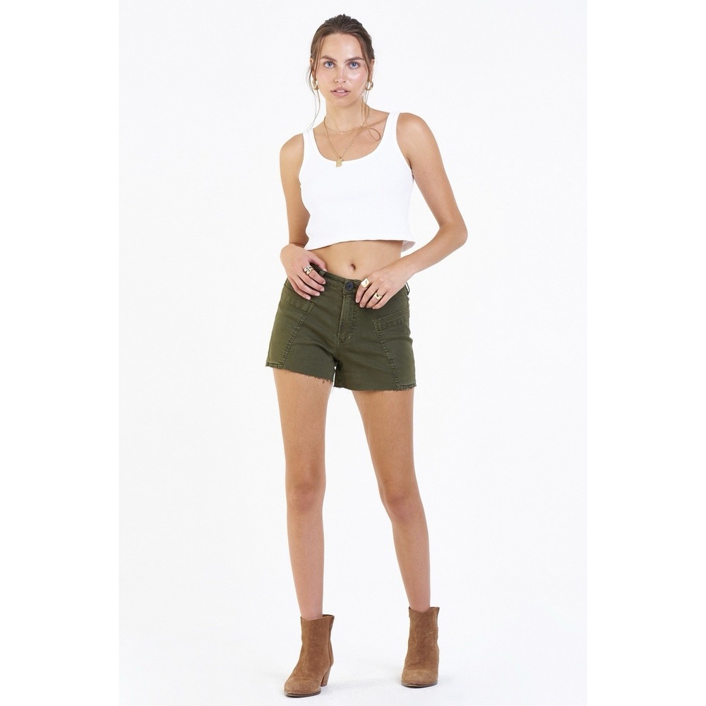 DEAR JOHN Jessie High Rise Cargo Shorts Womens 26 Olive Raw Hem Boho Military